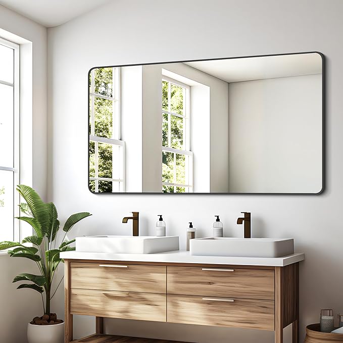 FORBATH Bathroom Mirror 30" x 55", Large Rectangular Wall Mirror with Black Aluminum Frame Rounded Corner, Wall Mounted Mirror for Bathroom Bedroom Entryway Living Room