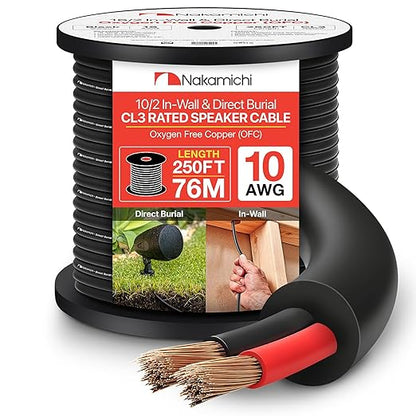 Nakamichi 10/2 (250-Foot) in-Wall & Direct Burial (UL CL2 CL3 Rated) Oxygen-Free Copper (OFC) 2-Conductor Speaker Cable Wire, Outdoor In-Ground, in-Ceiling, Riser, Black (10AWG / 250ft / 76.21m)