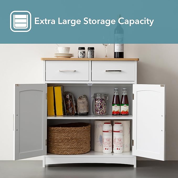 Buffet Cabinet with Storage, Coffee Bar Cabinet 26 x 30 Inches, Oak Top Sideboard Cabinet, Matte White Finish, Anti-Fall Drawers, Arched Doors, Adjustable Shelves