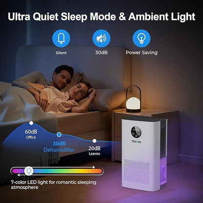 TENKER Dehumidifier for Home, 77 OZ Water Tank (1000 sq.ft) Dehumidifiers, Quiet Dehumidifier with Sleep Mode, Auto Shut Off, 7-Color LED Light for Closet Bedroom Bathroom Basement RV, White