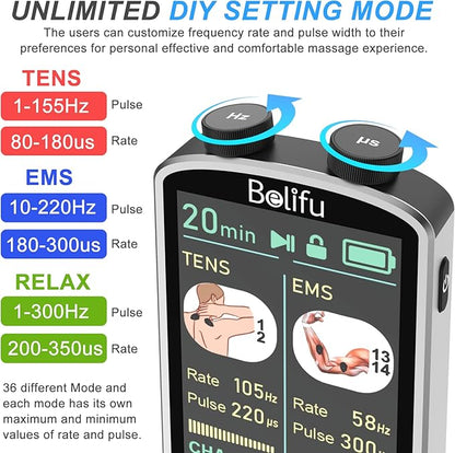 TENS EMS Unit Muscle Stimulator for Pain Relief Therapy - 4 in 1 TENS & EMS & Relax & Custom Frequency+Pulse - Muscle Massager 36 Modes 20 Intensity, Memory & Favorites Function, 3.8" Color Display