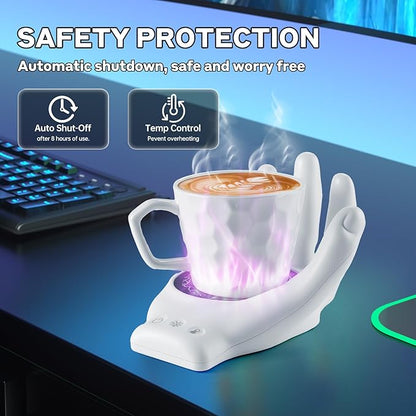 Devil's Hand Heating Mug Warmer Set - 3 Temp Settings & 8H Timer, Coffee Cup Warmer Plate for Desk Auto Shut Off, Ideal Beverage Warmer Gift for Coffee, Tea, Milk (White)