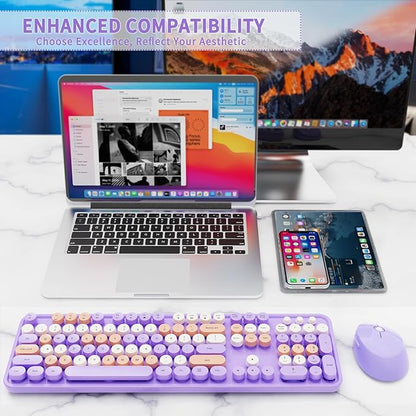 Nowlike Wireless Keyboard and Mouse Combo, Retro Typewriter Keyboard with Round Keycaps, Full-Size Ergonomic, Purple, Ideal for Windows PC, Home, Office, and College