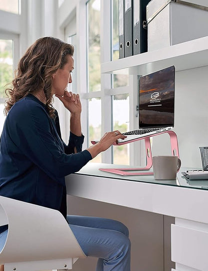 SOUNDANCE Laptop Stand, Aluminum Computer Riser, Ergonomic Laptops Elevator for Desk, Metal Holder Compatible with 10 to 15.6 Inches Notebook Computer, Gold Pink