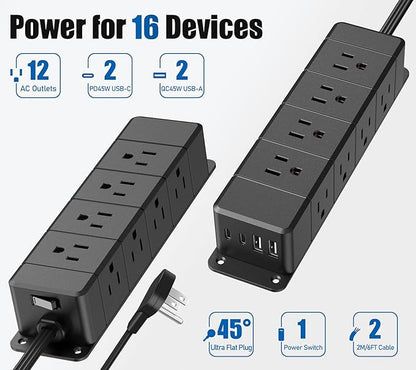 45W USB-C Fast Charging Under Desk Power Strip,12 Outlet Mountable Power Strip with 4 USB,1200J Surge Protection,6FT Flat Extension Cord Black