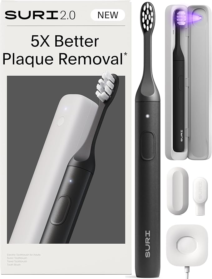 SURI 2.0 New Sonic Electric Toothbrush with Pressure Sensor & UV-Cleaning Travel Case |1 Month+ Battery | Electric Toothbrush for Adults | Travel Toothbrushes | Tooth Brush | Black