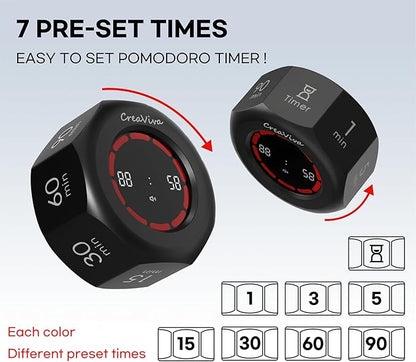 Flip Cube Pomodoro Timer - Rechargeable Visual Countdown & Count Up Stopwatch, 7 Preset Intervals, 3 Alarm Modes, Productivity Tool for ADHD, Kids, Study, Work & Kitchen (Gray)