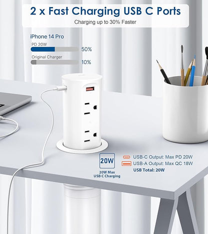 2.5 inch Hole Pop up Outlet for Countertop,20W USB C,4 USB Ports,4 Outlets 15Amp Tamper Resistant Receptacle Flush Mount,Space Saver Recessed Outlet,1875W,ETL Listed