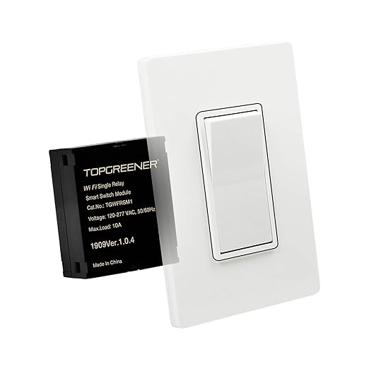 TOPGREENER Wi-Fi Relay Module, Hidden Smart Switch for Fans, Lights, Outlets, 120-240VAC, 10A, ETL Listed, TGWFRSM1, Black