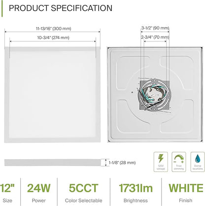 ASD LED 12" Square Flush Mount Ceiling Light Fixture, Low Profile Surface Lighting | 5CCT, Dimmable, Ultra-Thin, ETL Listed | 24W 1700LM 2700-6000K 120V | Kitchen, Hallway Lamp | White, 4 Pack