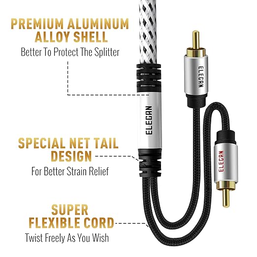 Elecan Premium RCA Cable 30 Ft (Hi-Fi Sound-16 AWG-Shielded) 2 RCA Male to 2 RCA Male Stereo Audio Cable, Gold Plated-Aluminum Alloy Shell-Pure Copper-Braided RCA Cord for Home Theater Speakers + Ties