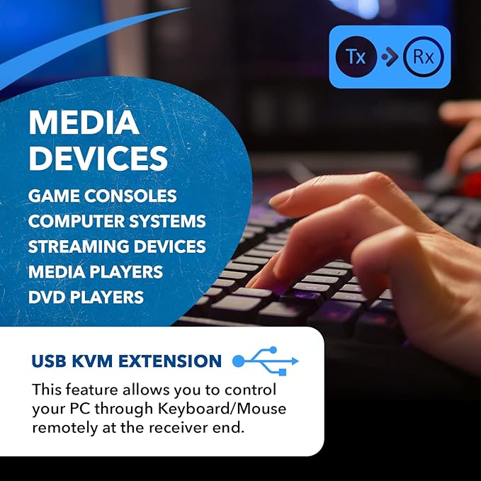 OREI 4K@60Hz KVM HDMI Extender Over Ethernet PoC Single HDBaseT CAT5e/CAT6A/CAT7 Cable - Upto 400 feet 4:4:4 - Remote, Keyboard, Mouse, USB Control