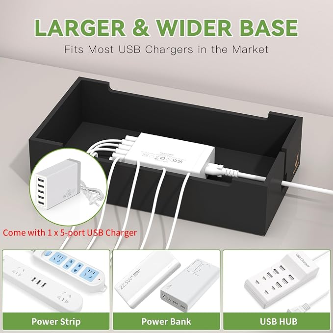 Pezin & Hulin Multi Charger Station Organizer, 5-Port USB Charger Dock with 6 Cables, Cable Management Box, Cord Organizer for Desk, Wire Organizers and Storage for Cords and Power Strip -Black