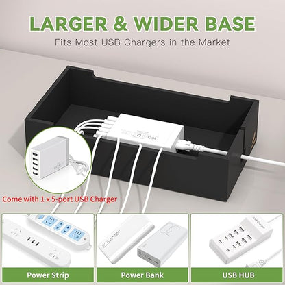 Pezin & Hulin Multi Charger Station Organizer, 5-Port USB Charger Dock with 6 Cables, Cable Management Box, Cord Organizer for Desk, Wire Organizers and Storage for Cords and Power Strip -Black