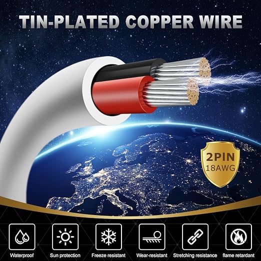 18 Gauge 2 Conductor Electrical Wire, 100FT White Stranded Low Voltage 18/2 PVC Case, 18 AWG Tinned Copper 2 Wire Extension Power for Strips LED Lamp Lighting