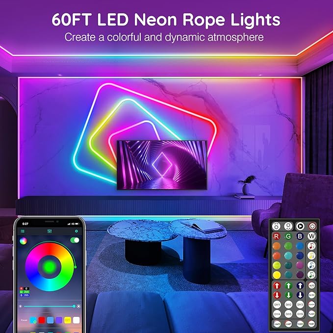 SINLEY Led Neon Rope Lights 60FT,Control with App/Remote,Flexible Led Rope Lights,Multiple Modes,IP68 Outdoor RGB Neon Lights Waterproof,Music Sync Gaming Led Strip Lights for Bedroom Indoor