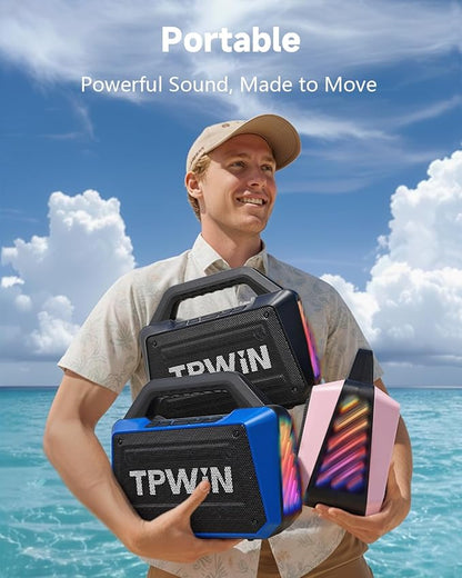 TPWIN Bluetooth Speaker - 80W Loud Rugged Outdoor Speakers, IPX6 Waterproof, 20H Playtime, Deep Bass, Lightshow, TWS, BT 5.3 Wireless, Portable for Travel Hiking Camping Beach Pool - Black