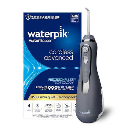 Waterpik Cordless Advanced 2.0 Water Flosser For Teeth, Gums, Braces, Dental Care With Travel Bag and 4 Tips, ADA Accepted, Rechargeable, Portable, and Waterproof, Gray WP-587, Packaging May Vary