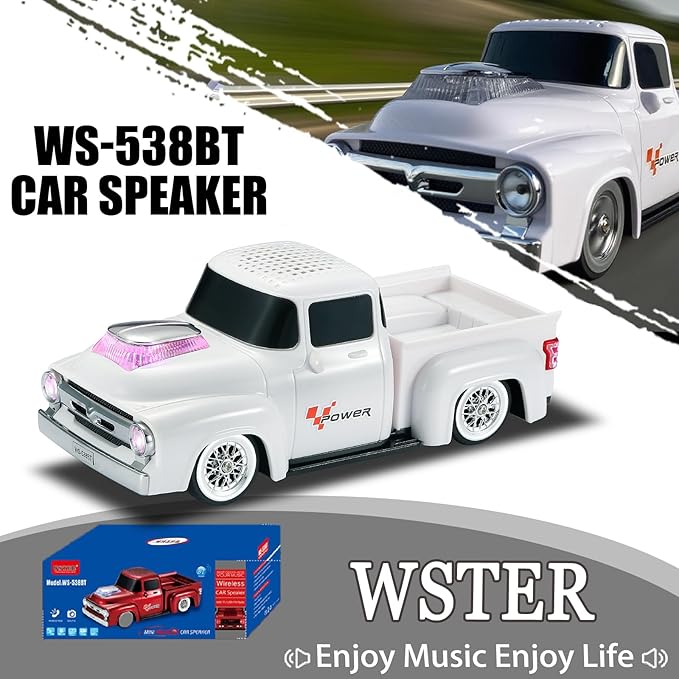 WSTER WS-538 Retro Pickup Truck Bluetooth Replica Speaker – Portable Wireless Car Model Speaker with FM, TWS, LED Party Lights, USB/TF Playback, Built-in Microphone, Type-C, Surprise Gift(White)