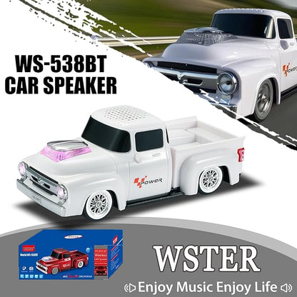 WSTER WS-538 Retro Pickup Truck Bluetooth Replica Speaker – Portable Wireless Car Model Speaker with FM, TWS, LED Party Lights, USB/TF Playback, Built-in Microphone, Type-C, Surprise Gift(White)