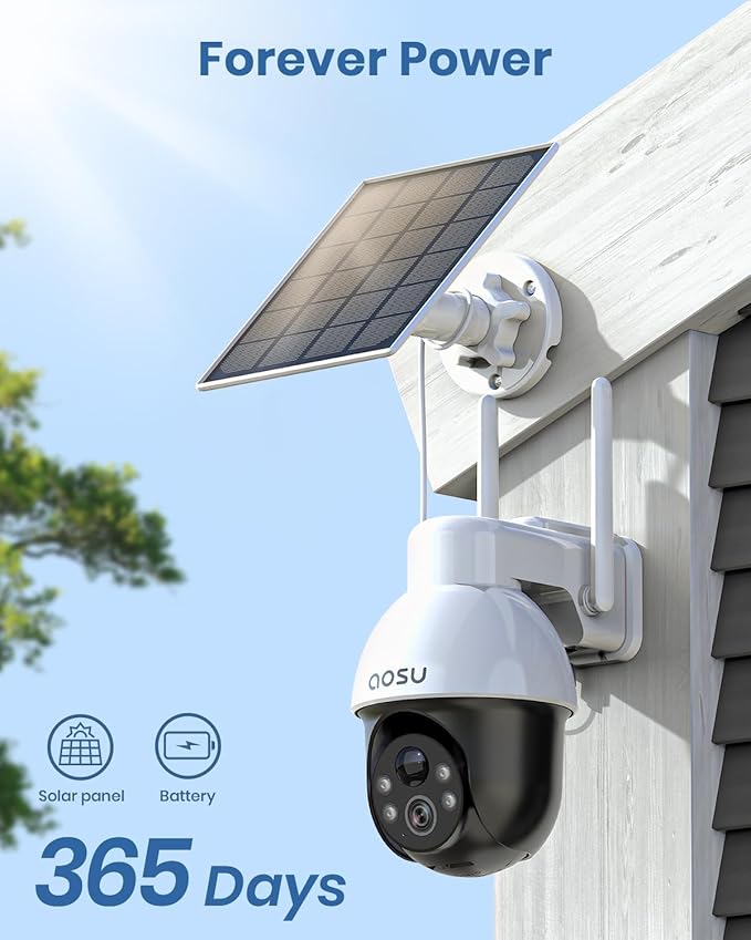 AOSU 3K/5MP Solar Security Cameras System Wireless Outdoor, Battery Powered WiFi Camera for Home Security, Panoramic PTZ, Auto Tracking, Human/Vehicle Detection, Color Night Vision (2 Pack)