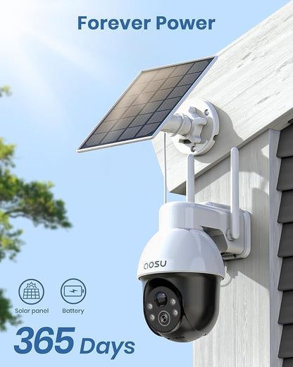 AOSU 3K/5MP Solar Security Cameras System Wireless Outdoor, Battery Powered WiFi Camera for Home Security, Panoramic PTZ, Auto Tracking, Human/Vehicle Detection, Color Night Vision (2 Pack)