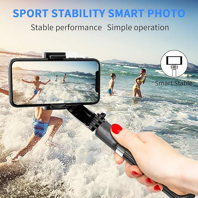 Gimbal Stabilizer for Smartphone ，with Retractable Selfie Stick and Tripod，1-Axis Multifunction Remote 360°Automatic Rotation， Auto Balance for iPhone/Android