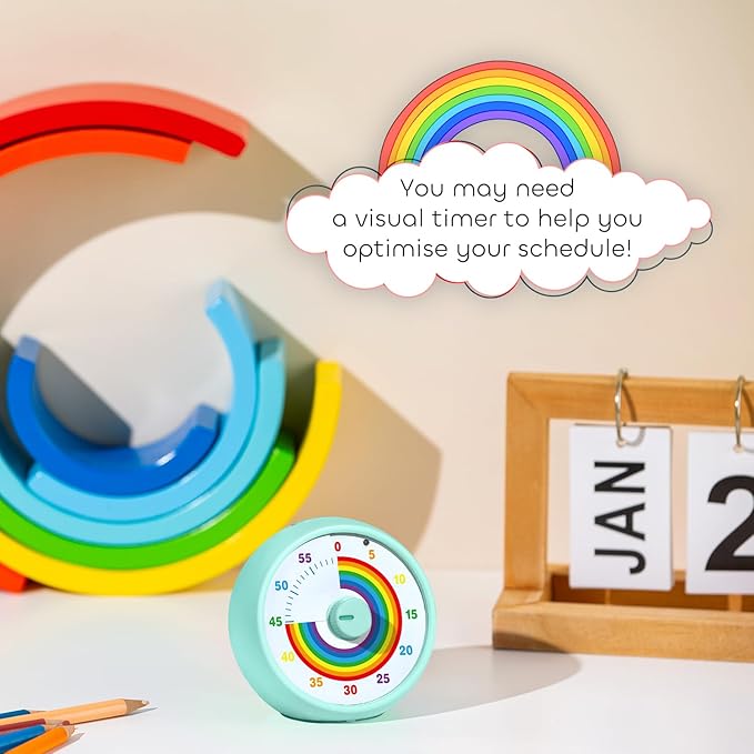Visual Timer for Kids, 60-Minute Countdown Timer for Classroom Office Kitchen, Desk Timer Kids Time Management Tools with Silent Operation, Pomodoro Time Rainbow Pattern(Tiffany)