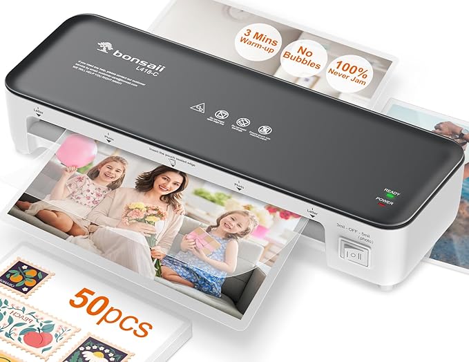 Bonsaii Laminator Machine, 9 Inch Laminators Machine with 50 Laminating Sheets, Laminator with Never Jam Technology for Doc/Posters/Photo, Simple Convenient for Home, Office and School - L418-C Grey