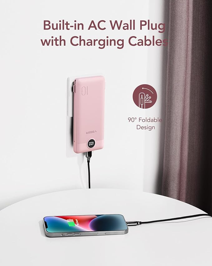 VEGER Portable Charger with Built-in AC Plug and Cables, All in One 10000mAh Ultra Slim Power Bank Travel Essentials, 15W Fast Charging Battery Pack Compatible with iPhone, Samsung, Android (Crepe)