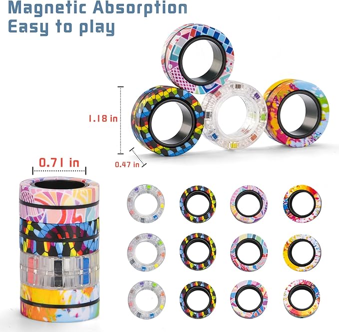 12Pcs Magnetic Adults Fidget Toys Rings,Stocking Stuffers for Kids 8-12,Fidget Spinner Rings for Anxiety Relief Therapy ,Party Favors Gifts for Teen Boy and Girl