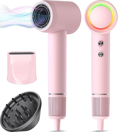 Hair Dryer, 160000 RPM Professional High-Speed Blow Dryer 500 Millions Negative Ionic Care Hair Dryer for Fast Drying, Low Noise Thermo-Control Hairdryer, Travel with Magnetic Diffuser & Nozzle, Pink