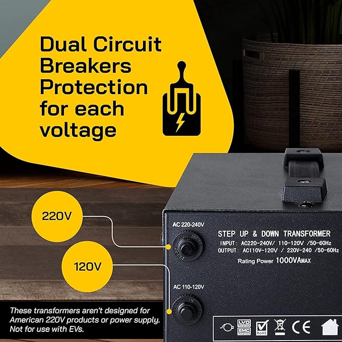 ELC T Series 1000+ Watt Voltage Converter Transformer - Step Up/Down - 110v to 220v / 220v to 110v Power Converter - Circuit Breaker Protection, CE Certified [3-Years Warranty]