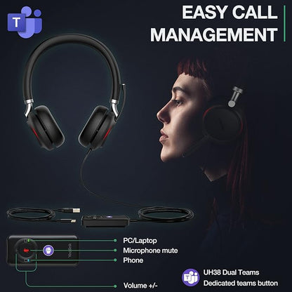 Yealink UH38 Bluetooth USB Wired Headset, Work Headset with Noise Cancelling Microphone, Teams Certified, Comfort Fit, Dual Connect for PC Computer & Mobile Devices, Dual Busylight