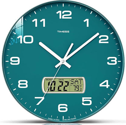 TIMESS Wall Clock, 10" Dial Non-Ticking Silent Battery Operated Analog with LCD Display for Perpetual Calendar and F° Temperature, Ideal Modern Home, Office Decor (Green)