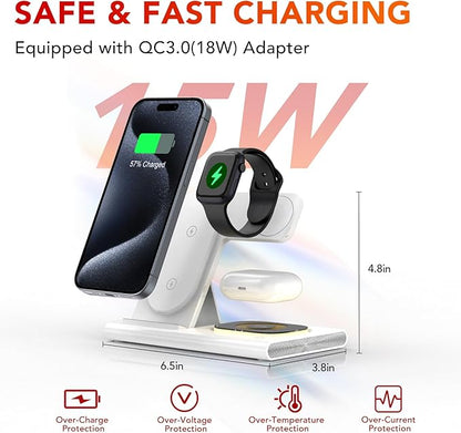3 in 1 Foldable Charging Station for Apple Products,Wireless Charger for iPhone 17 16 15 14 13 12 Pro Max,Travel Dock Adapter&Light for iWatch Series 11 10 9 Ultra 3/2 SE 3/2,for AirPods 4 3 2 Pro 3/2