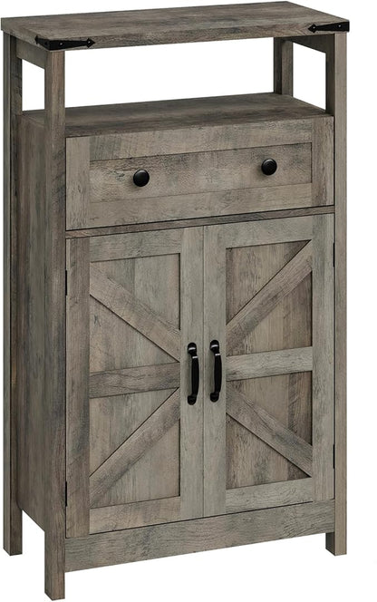 Farmhouse Bathroom Storage Cabinet with Barn Doors, Bathroom Storage Organizer with Drawers, Rustic Freestanding Floor Cabinet for Kitchen, Living Room, Grey