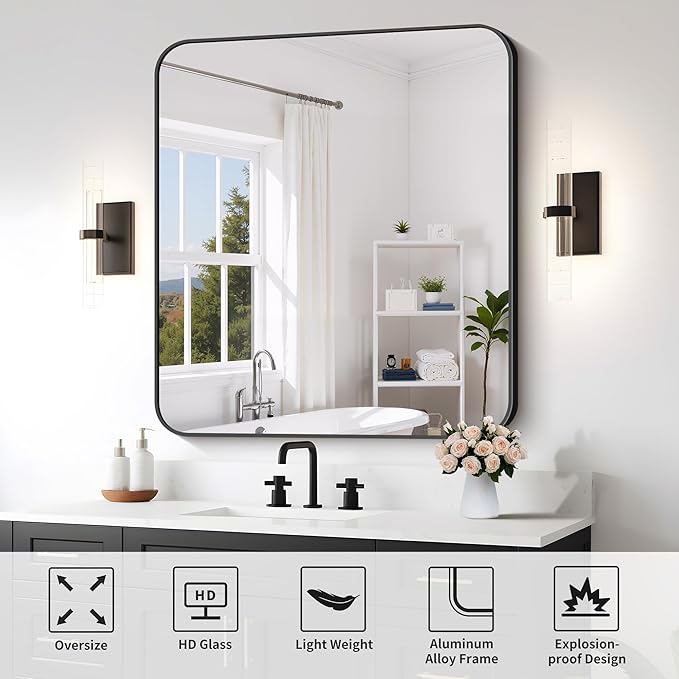 FORBATH Bathroom Mirror 36x40 Inch, Large Rectangular Wall Mirror with Black Aluminum Frame, Rounded Corners, Horizontal or Vertical Mount for Bathroom, Bedroom, Entryway