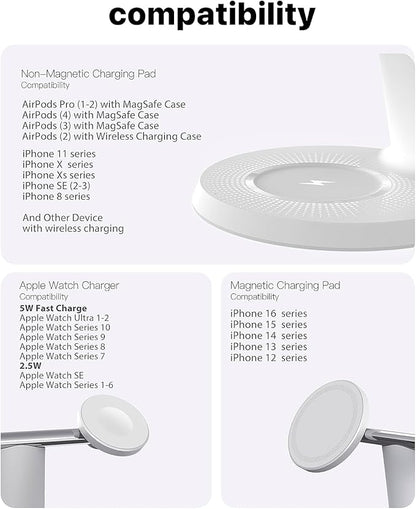 3 in 1 Wireless Charging Station for Apple Device: Fast Charging Station for iPhone and Watch with MagSafe, Stable Charger Stand for iPhone 12-16 & iWatch & AirPods