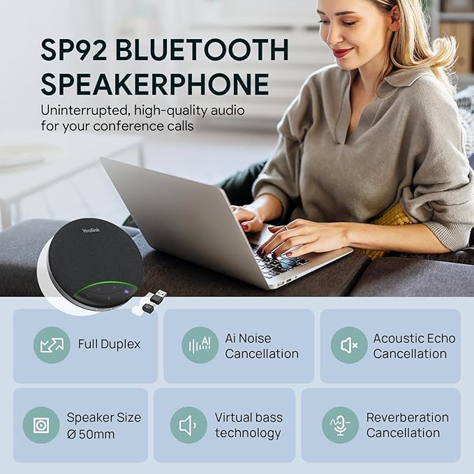 Yealink SP92 Bluetooth Speaker and Microphone with Dongle, Conference Speakerphone for Teams, 13ft 360° Omni Pickup, Full-Duplex Mic, Al Noise Reduction, 20H Call Time, USB C/A