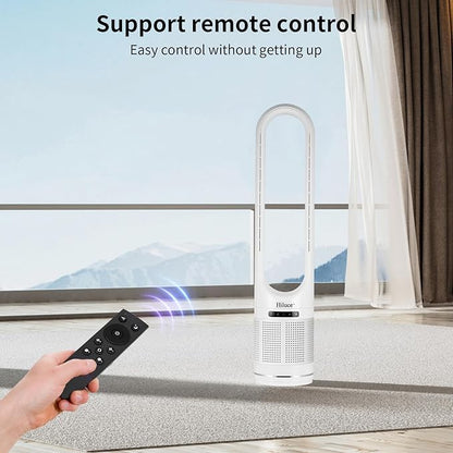 Hiluce 3-in-1 Bladeless Fan with Air Purifier,Indoor Heater,Fan and Heater Combo HEPA Filter,Tip-Over Switch,26ft/s Quiet Tower Fans,80°Oscillating, 8 Speeds, 9H Timer, 32 inch Large