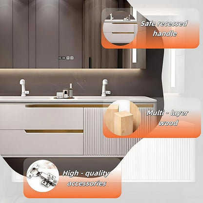 Bathroom Vanity with Double Sink - Smart Defogging Mirror & LED Lights on Both Sides, Floating Bath Sink Cabinet | 2 Drawers, Wave Shaped Panel (Khaki, 56IN)