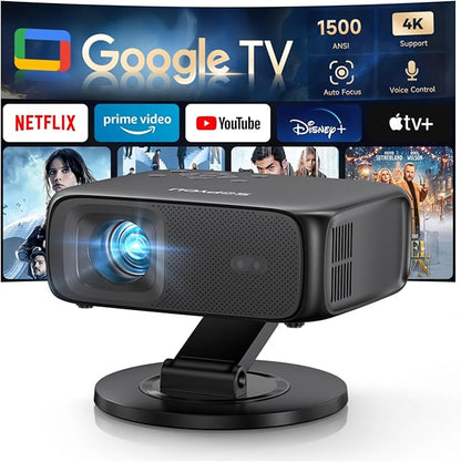 [1500ANSI/ Google TV] Smart Projector with WiFi and Bluetooth, SOPYOU Portable Outdoor Projector 4K Support, Auto Focus & Keystone, Built-in Apps, Indoor Home Theater with 360° Rotatable Stand