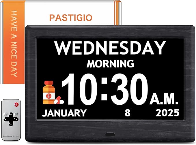 7'' Digital Clocks, 12 Reminders & 6 Alarms, Dementia Clock with Date and Time for Elderly, Auto-Dimming, Button & Remote Control, Auto DST, Digital Calendar for Seniors Large Display, Black Woodgrain