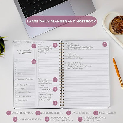 Undated Daily Planner | 8.25” x 11.75” To Do List Notebook | Work Productivity ADHD Organizer | Men and Women Planner | College Supplies | Black | Portrait Layout