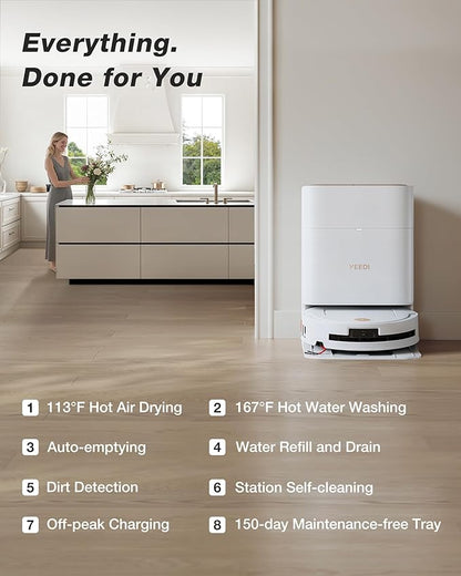 Yeedi M14 Plus Robot Vacuum and Mop with All-in-One Station, 18000Pa, OZMO Roller Instant Self-Washing Mopping, 167℉ Hot Water Mop Washing & Self-Drying, ZeroTangle 3.0, Self-Emptying, White