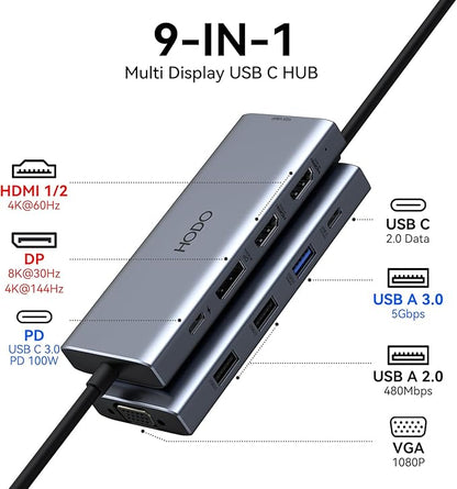 HODO USB C Docking Station Dual Monitor Adapter for Dell HP, Laptop Docking Station 3 Monitors Quad Display USB C Hub Dongle to 2 HDMI 4K,DP 8K,VGA,4 USB,PD, Thunderbolt Dock Type C Adapter for Lenovo
