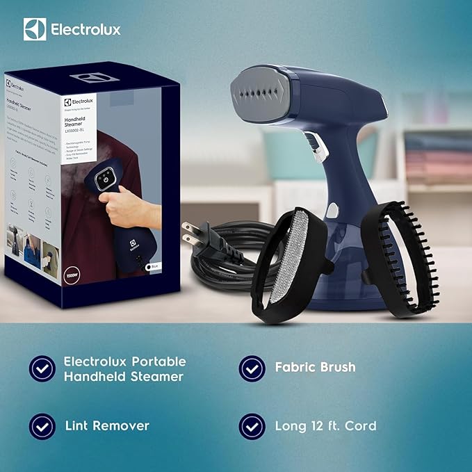 Electrolux Steamer for Clothes, 1500 Watt Portable Handheld Fabric and Garment Steamer with Lint Remover & Fabric Brush, Ultra-Fast Heat Up, 18 Min Continuous Steam for Powerful Wrinkle Remover, Blue