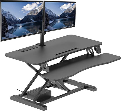 Rocelco 37.4" Electric Standing Desk Converter with Anti-Fatigue Floor Mat - AC USB Charger - Motorized Adjustable Sit Stand Up Computer Workstation Riser - Large Keyboard Tray - Black (R EDRB-MAFM)