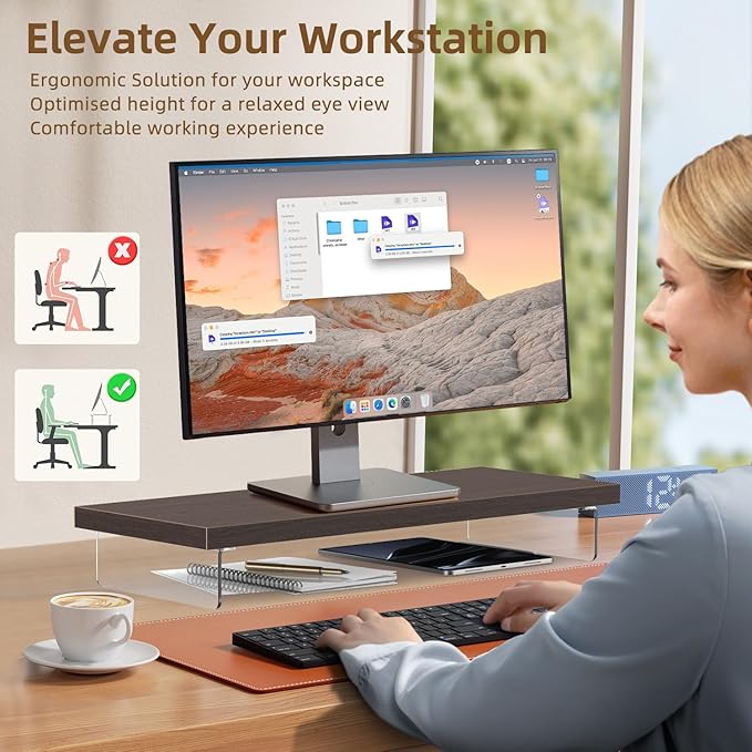 Dual Monitor Stand Riser, 40" Large Computer Monitor Stands for 2 Monitors, Wooden Desktop Organizer Shelf for Office Desk Computer, Laptop, TV, Monitor, Printer